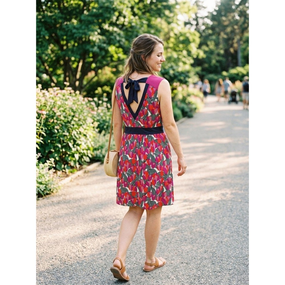 Tory Burch Floral Tulip Print Tie Back Sleeveless Mini Dress Pink Navy Large